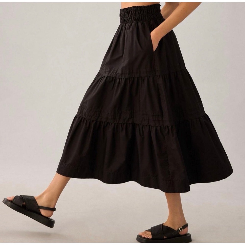 Quince Black Organic Cotton Tiered Maxi Skirt M Elastic Waist Cottagecore. $156